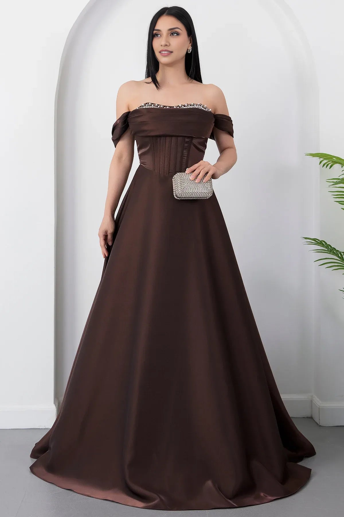 A-Line Off-Shoulder Satin Formal Evening Dress with Rhinestone Embellished Bust