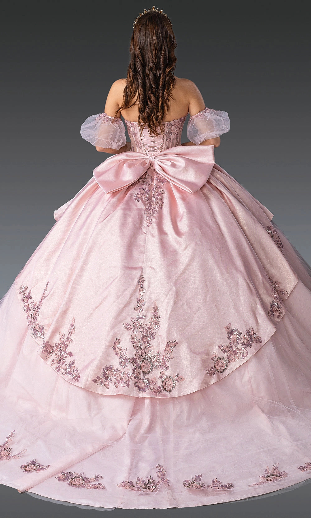 Vedress blush pink quinceanera dress lace‑up corset back large satin bow sweep train ballgown back view