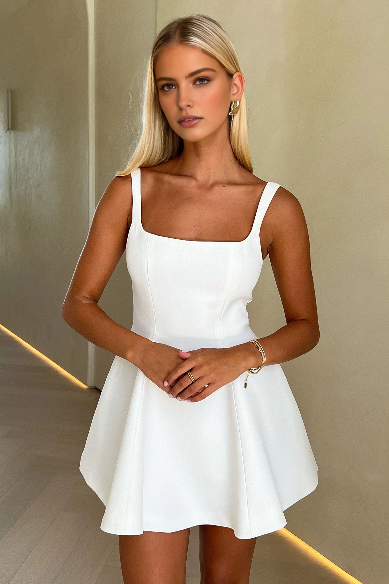 A-Line Square Neck Spaghetti Strap Zip Back Mini Homecoming Dress