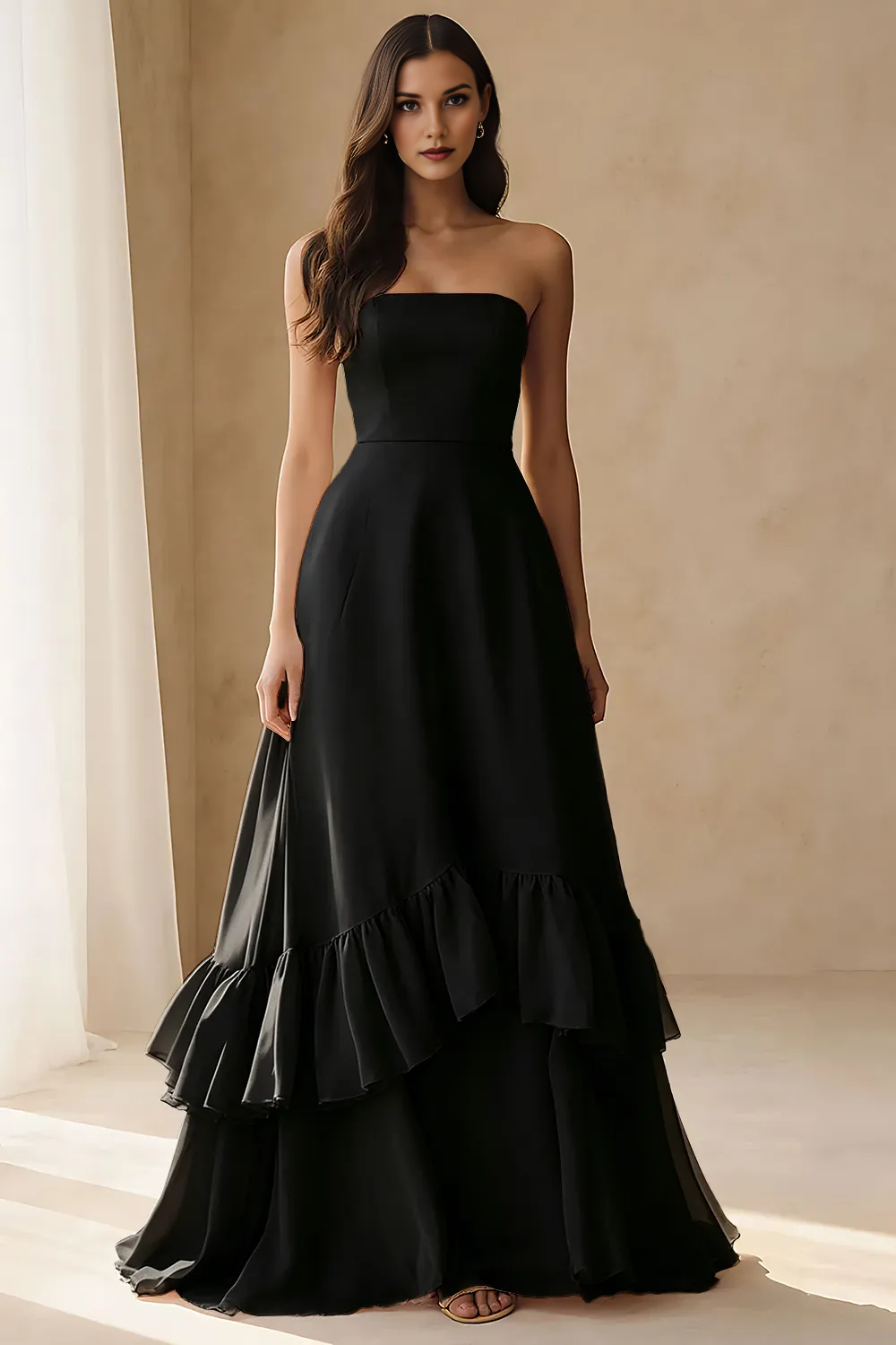 Strapless Tiered Ruffle Chiffon A-Line Formal Evening Gown
