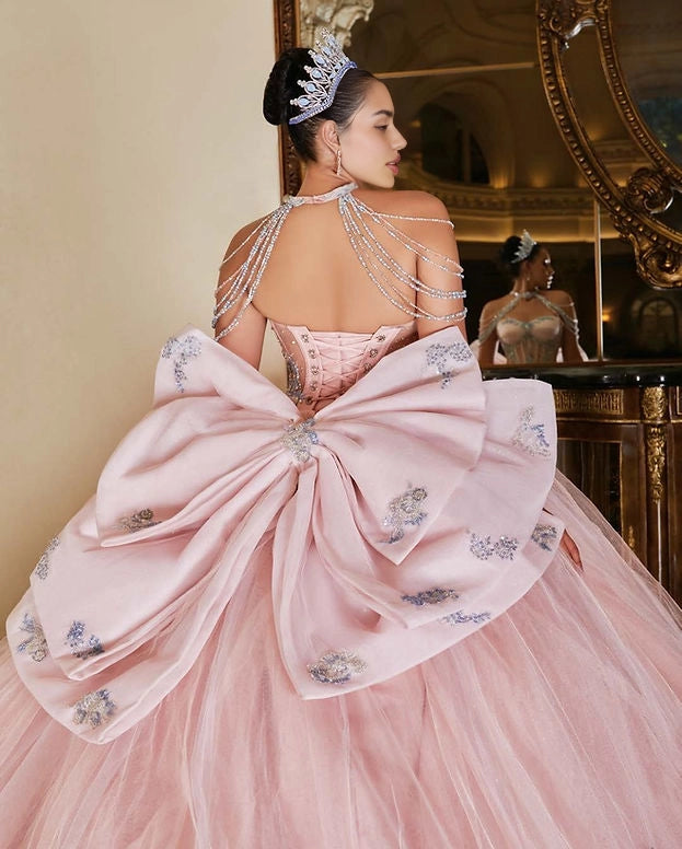 Ball Gown Beaded Strap Corset Back Big Bow Quinceañera Dress