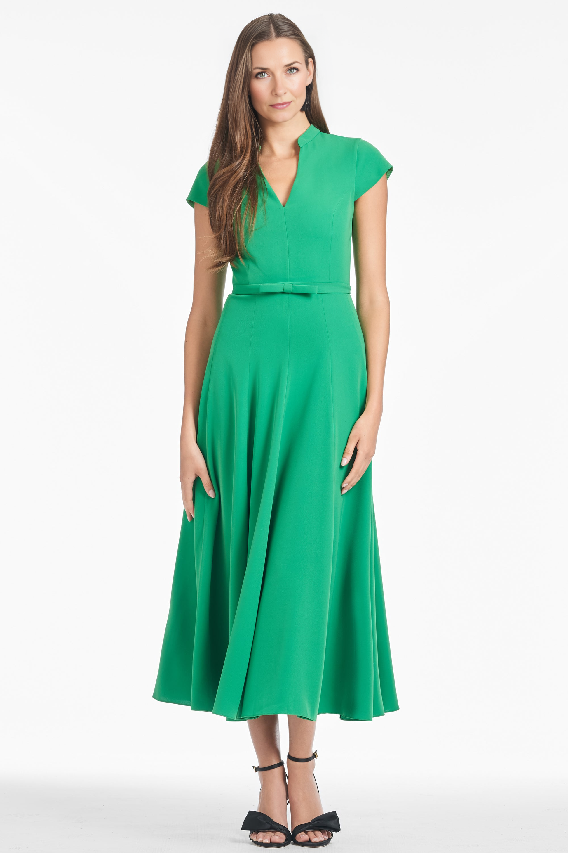 Women's V-Neck Short Sleeve Stretch Crepe Belted Maxi Dress Party Mother of the Bride Wedding Guest Dresses