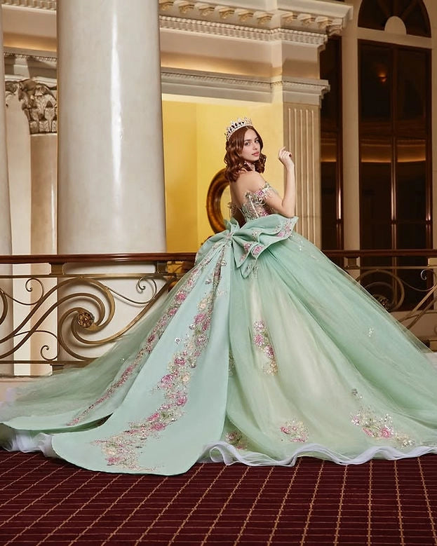 Ball Gown Off Shoulder Corset Back Floral Big Bow Quinceañera Dress