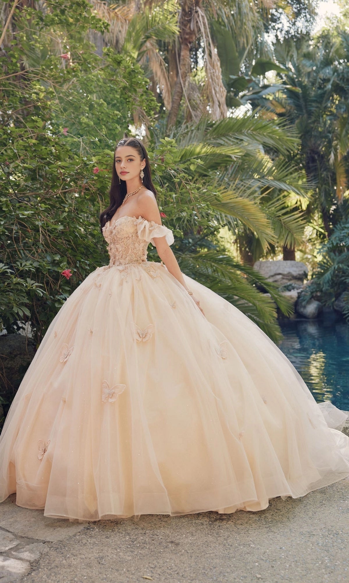 Dreamy Ball Gown Off‑The‑Shoulder 3D Butterfly Lace‑Up Back Court Train Quinceanera Dress