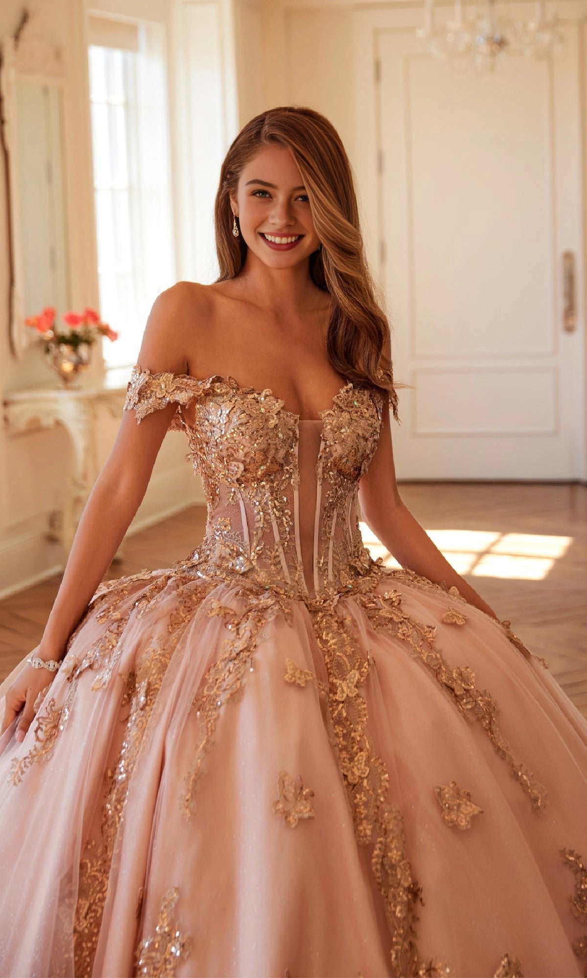 Elegant Ball Gown Off‑Shoulder Ruffle Sleeve Lace‑Up Back Court Train Quinceanera Dress