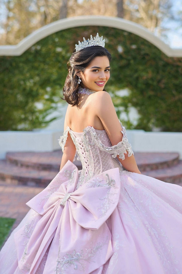Ball Gown Off Shoulder Beaded Bow Long Train Quinceañera Dress