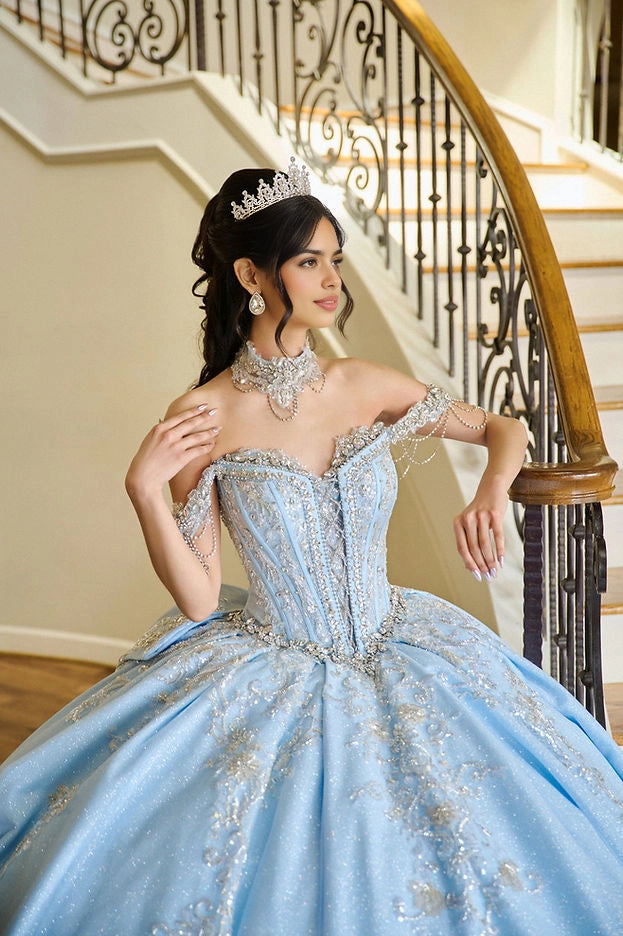 Ball Gown Off Shoulder Beaded Bow Train Cinderella Quinceañera Dress