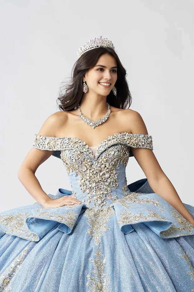 Sparkly Ball Gown Off Shoulder Short Sleeve Corset Back Train Quinceañera Dress