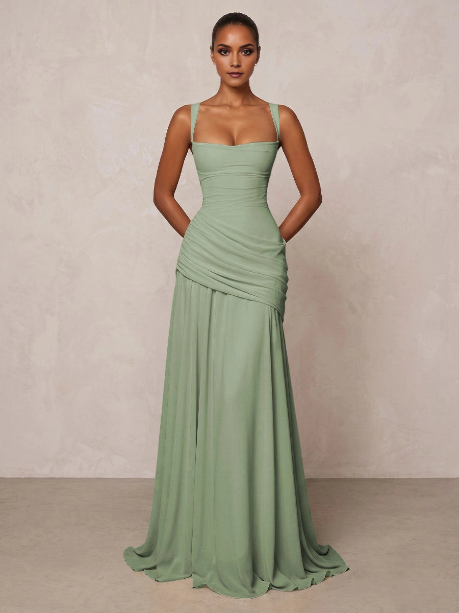 Graceful A‑Line Square‑Neck Sleeveless Crisscross‑Back Floor‑Length Bridesmaid Prom Dress