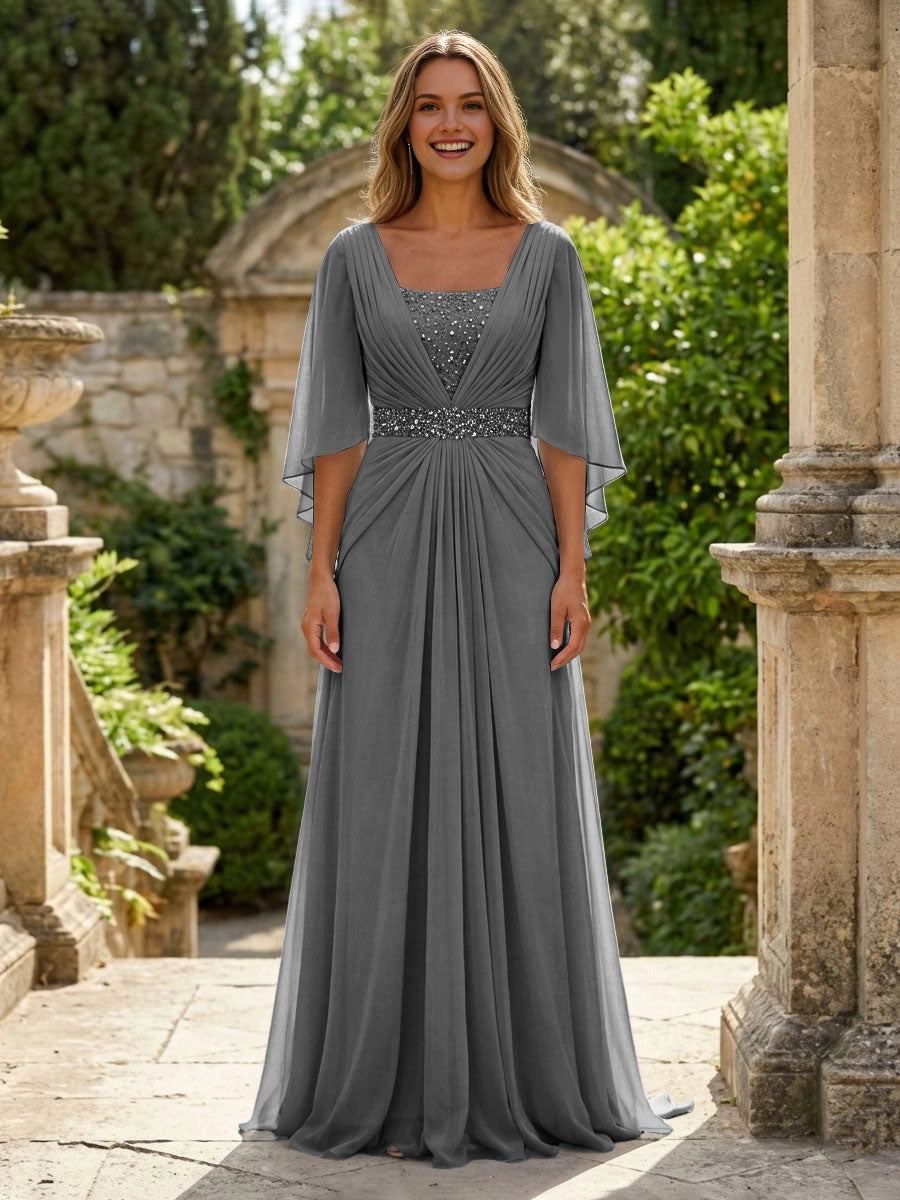 Soft Sky-Blue A-Line Square-Neck Flutter-Sleeve V-Back Floor-Length Wedding Guest Dress