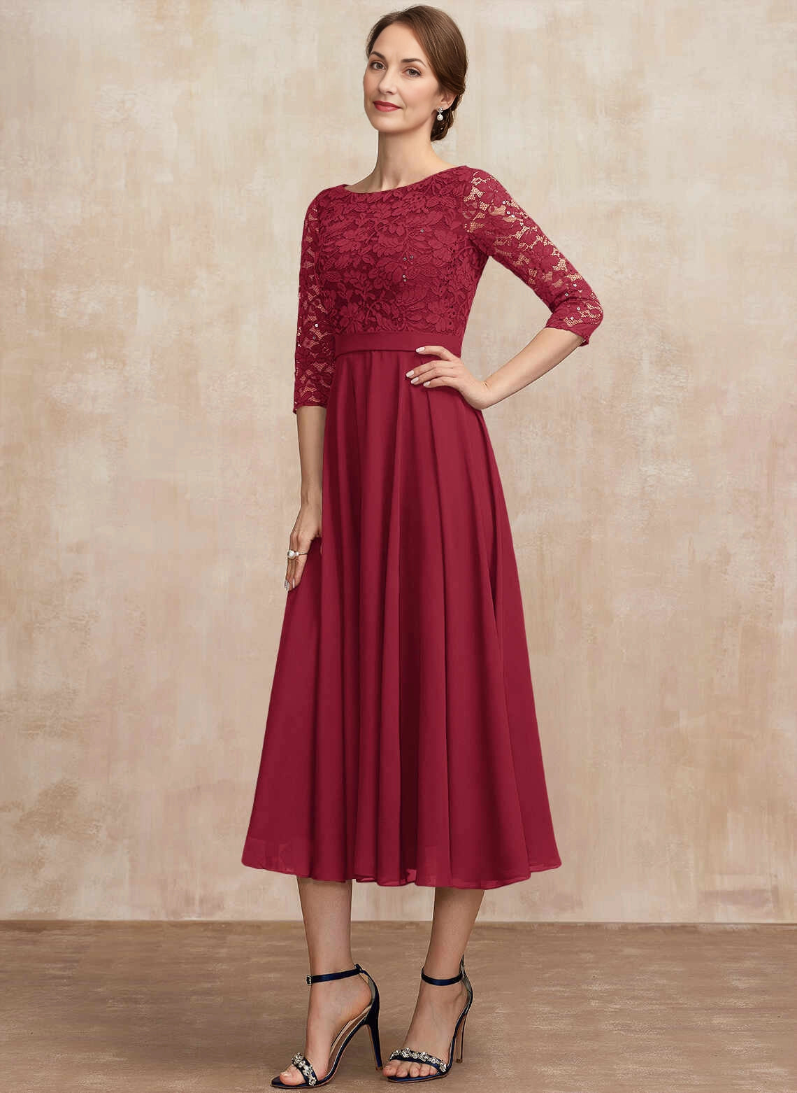 Modest A‑Line Bateau‑Neck Elbow‑Sleeve Zip‑Back Midi Mother Of The Bride Dress