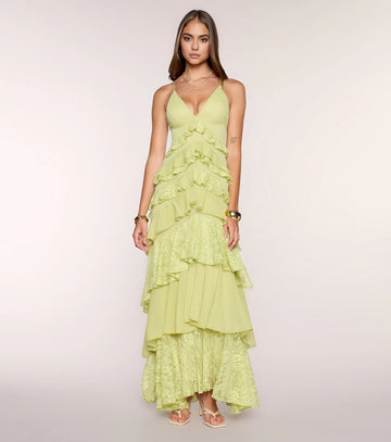 Ivory A Line Deep V Halter Tie Back Tiered Lace Long Prom Dress
