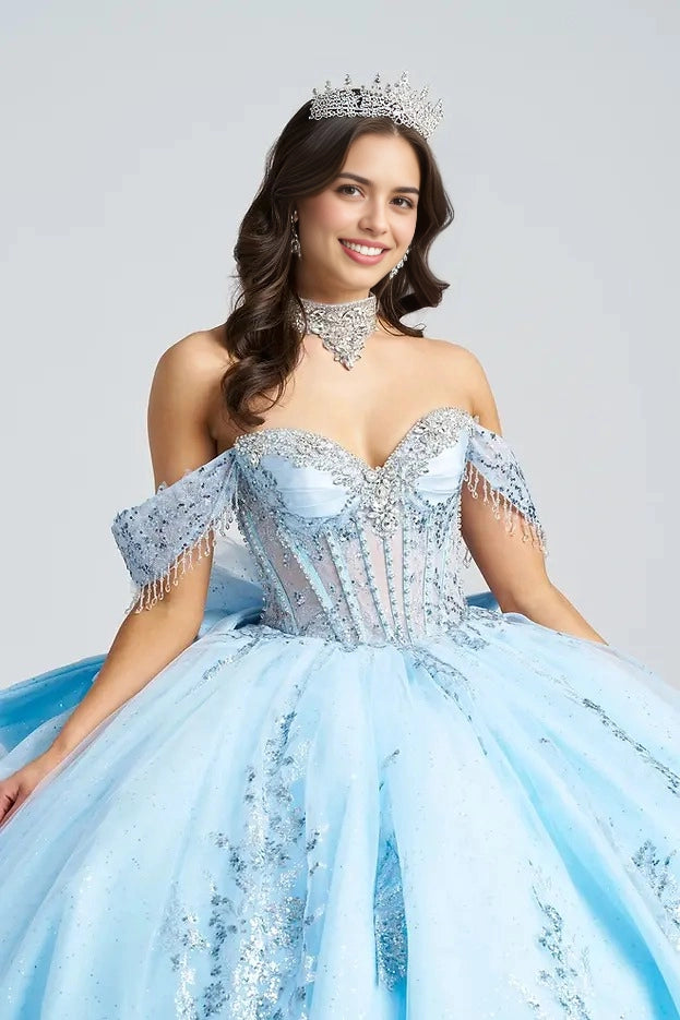 Ball Gown Off Shoulder Sequin Bow Long Train Quinceañera Dress