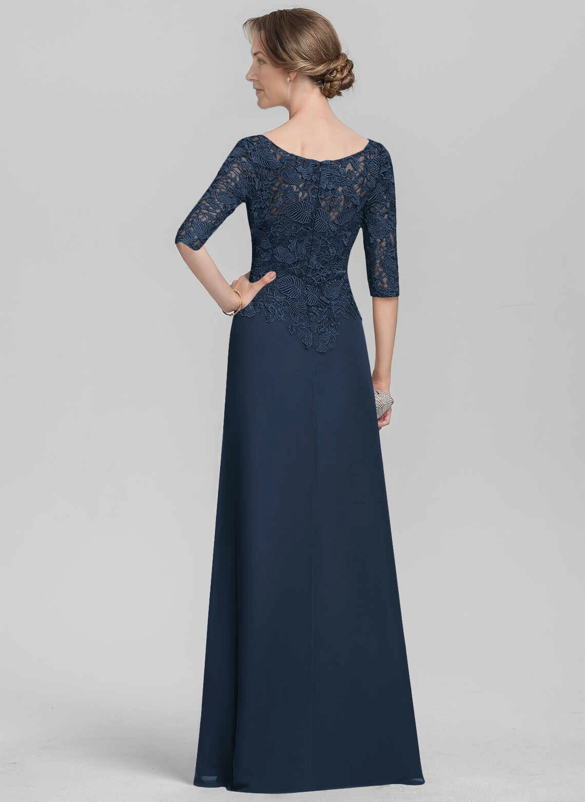 Vedress navy sheath mother of the bride dress, bateau neck lace elbow sleeves, draped chiffon skirt, zip‑back floor gown