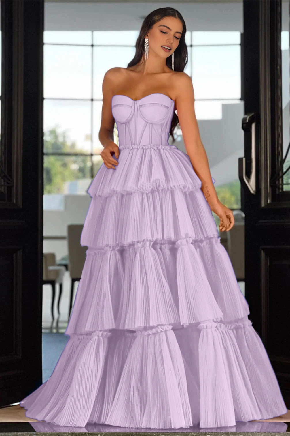 Vibrant Hot‑Pink A‑Line Strapless Sleeveless Lace‑Up‑Back Tiered Floor‑Length Prom Dress
