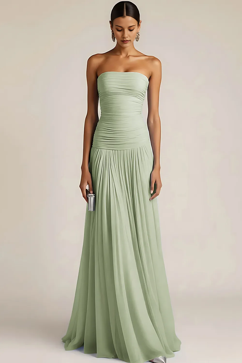 Strapless Ruched Bodice Chiffon A-Line Maxi Dress