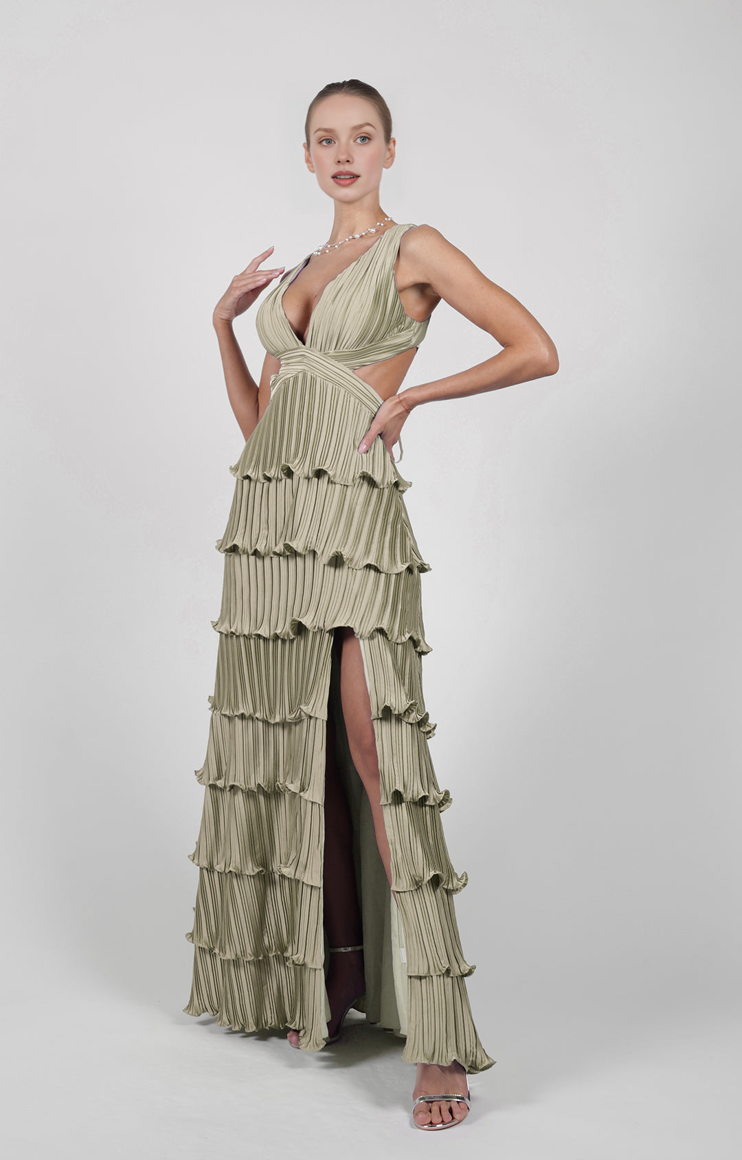 Glamorous Tiered A-Line Deep V-Neck Sleeveless Open Back Floor-Length Evening Gown