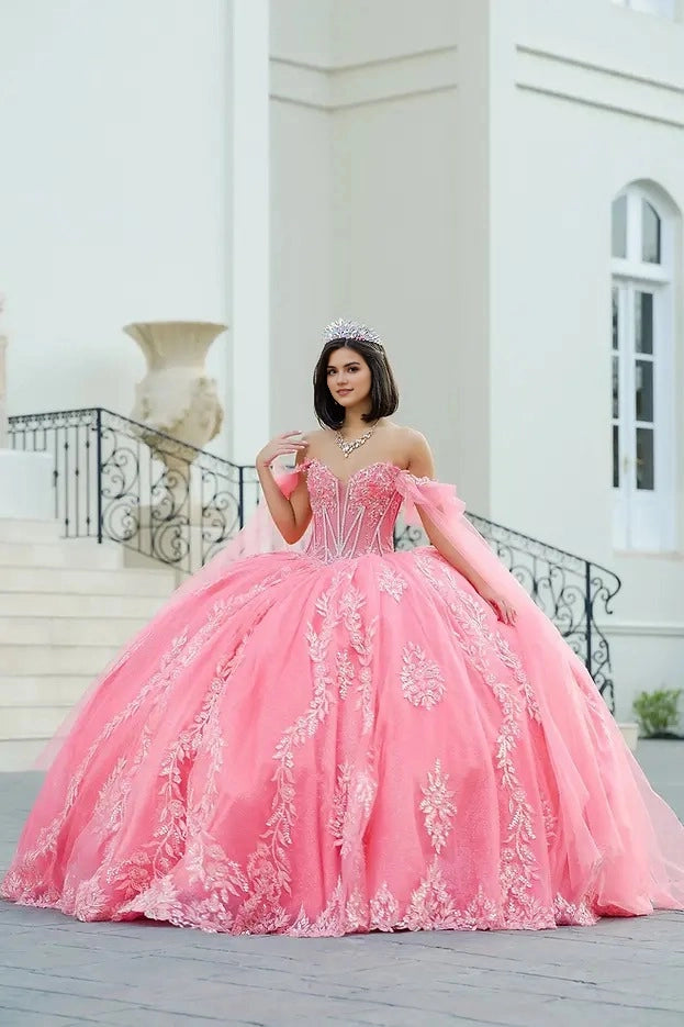 Ball Gown V Neck Tulle Strap Corset Back Train Quinceañera Dress