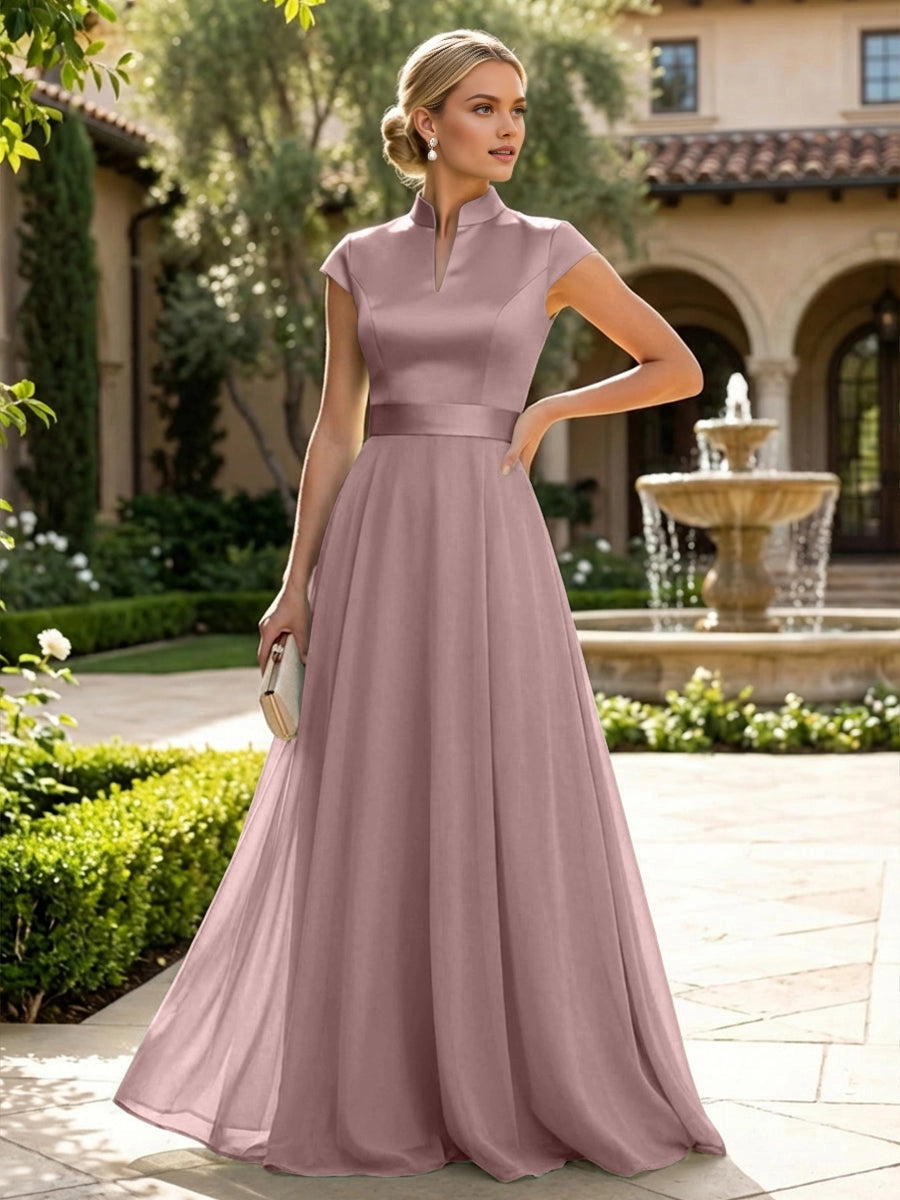 Elegant Sage A‑Line Stand‑Collar Cap‑Sleeve Zip‑Back Floor‑Length Mother Of The Bride Dress