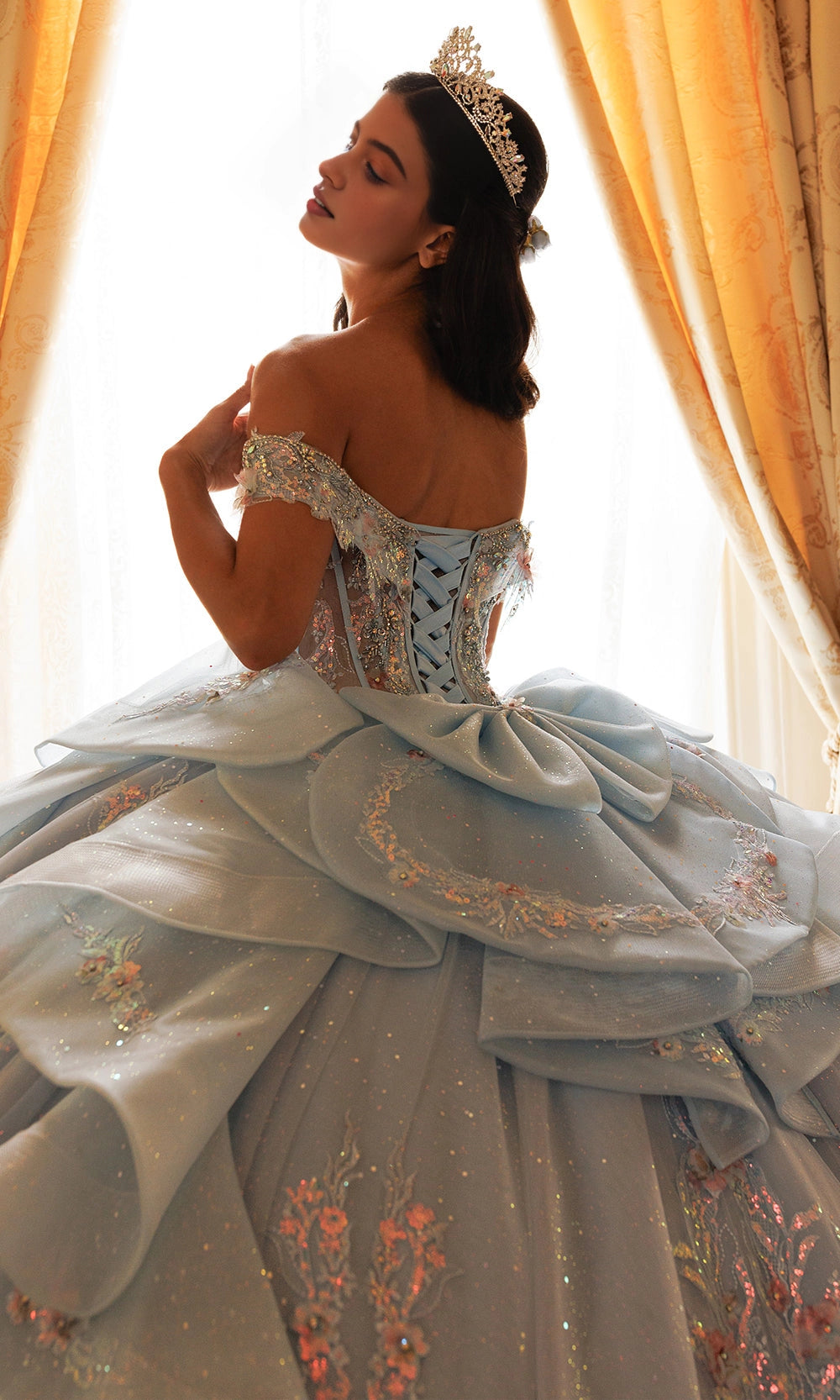 Ball Gown Off‑Shoulder Sweetheart Corset Back Big Bow Long Train Quinceanera Dress