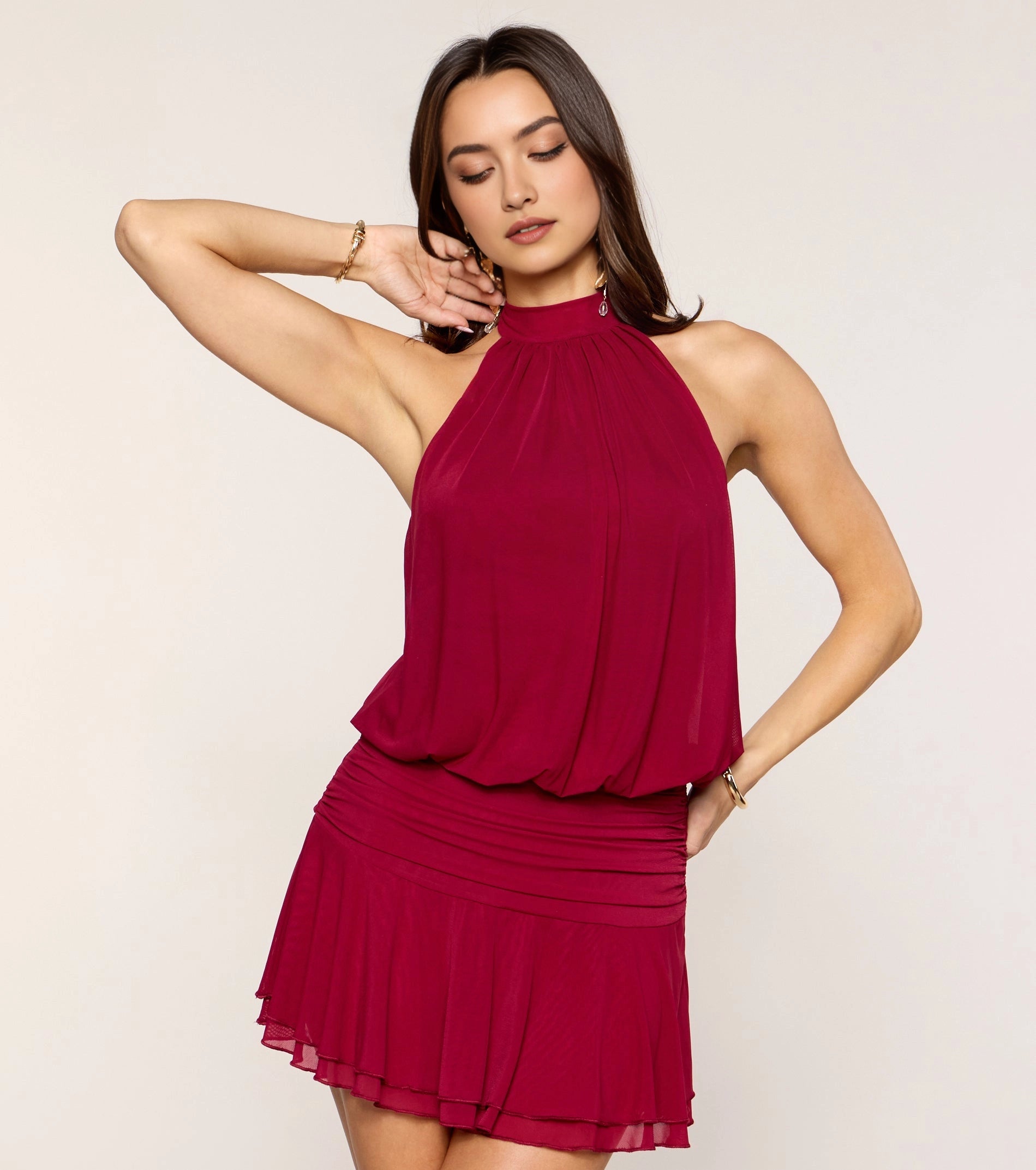 Burgundy Chiffon FitFlare Halter UBack Tie Ruffle Mini Homecoming Dress