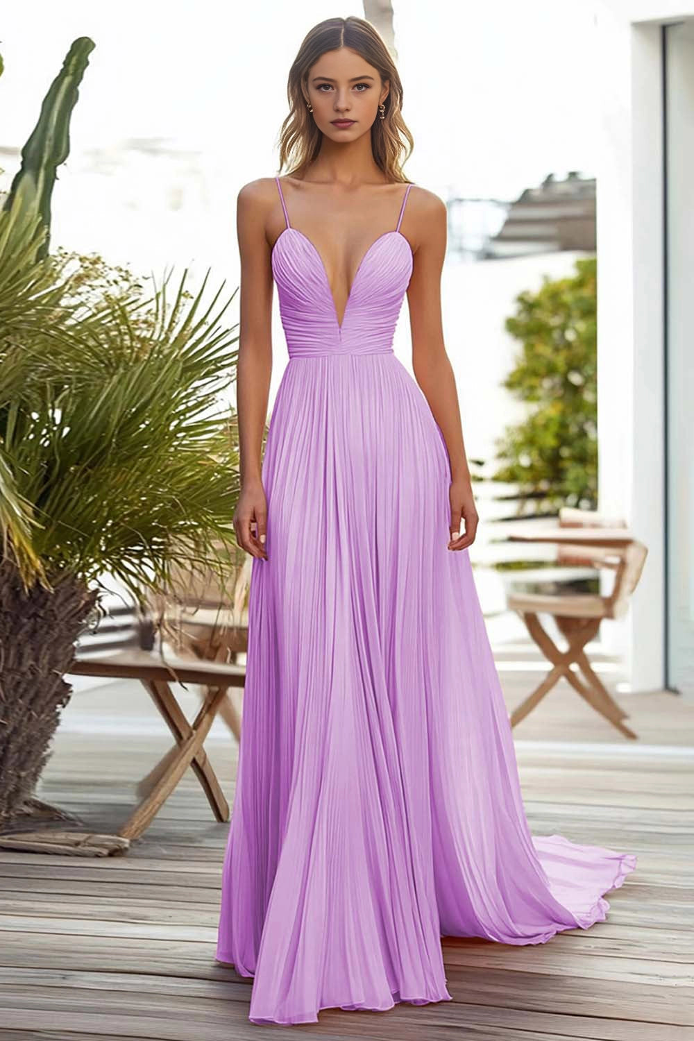 Pleated A Line V Neck Straps Lace Up Back Train Maxi Wedding Guest Dress