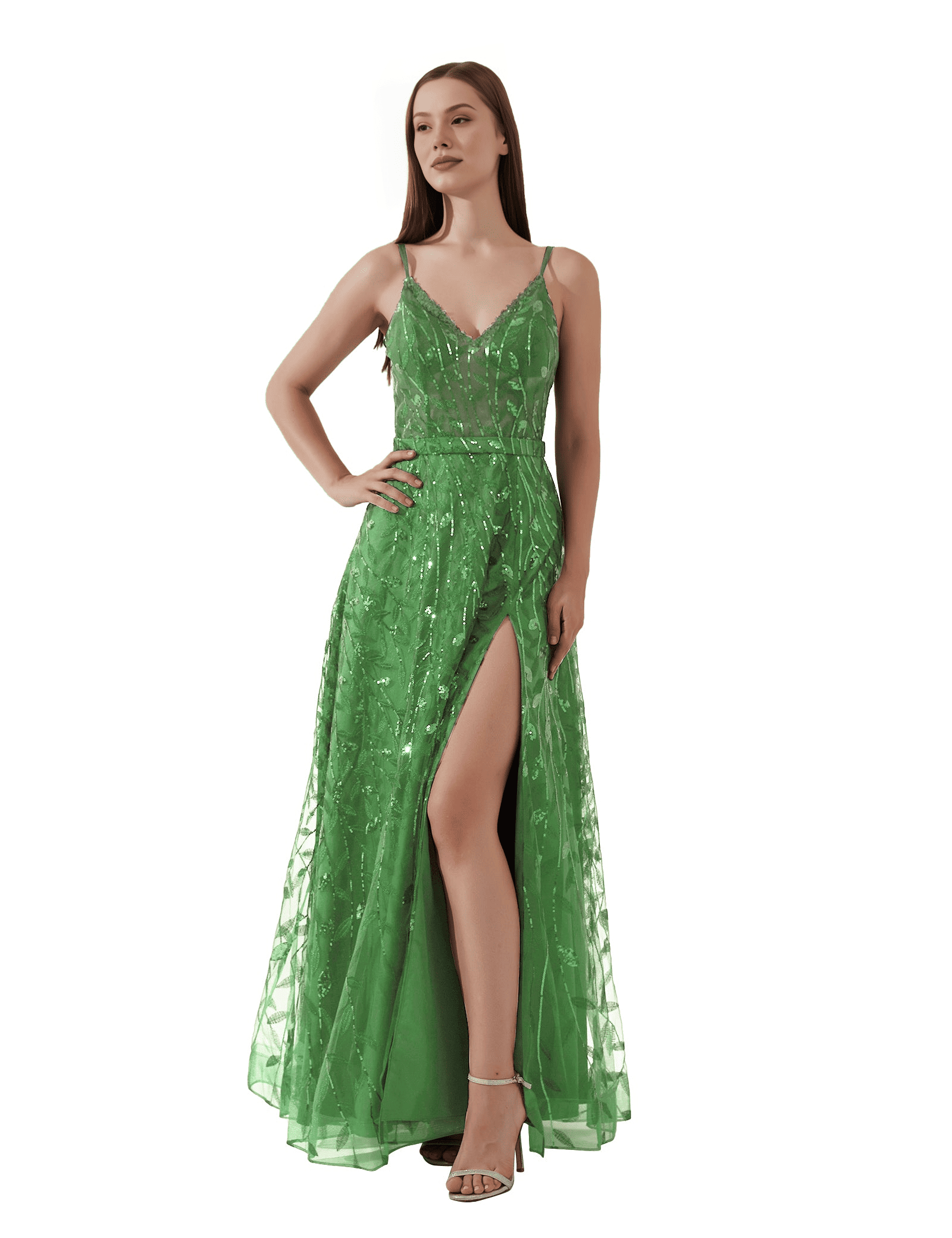 Vestido de noche largo con tirantes finos, cuello de pico, espalda descubierta, línea A y lentejuelas elegantes para baile de graduación