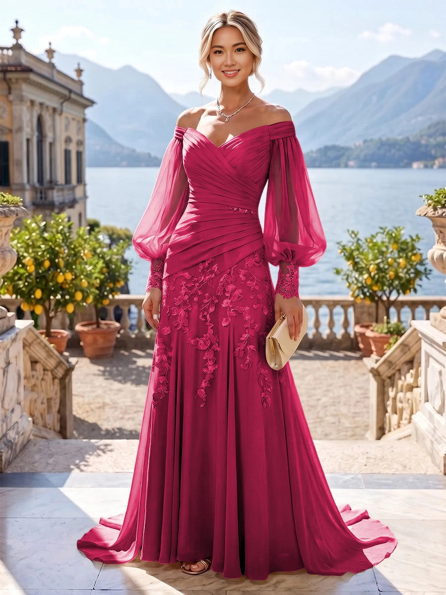 Romantic Mermaid Off-Shoulder Puff-Sleeve Zip-Back Sweep-Train Plus Size Mother of the Bride Dress