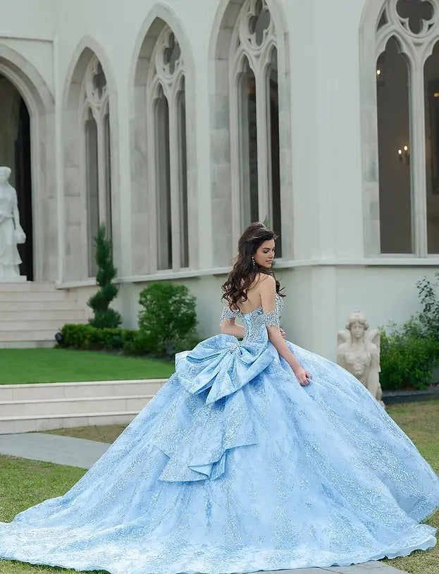 Back view Vedress light blue quinceanera gown open back big bow long train glitter tulle dress