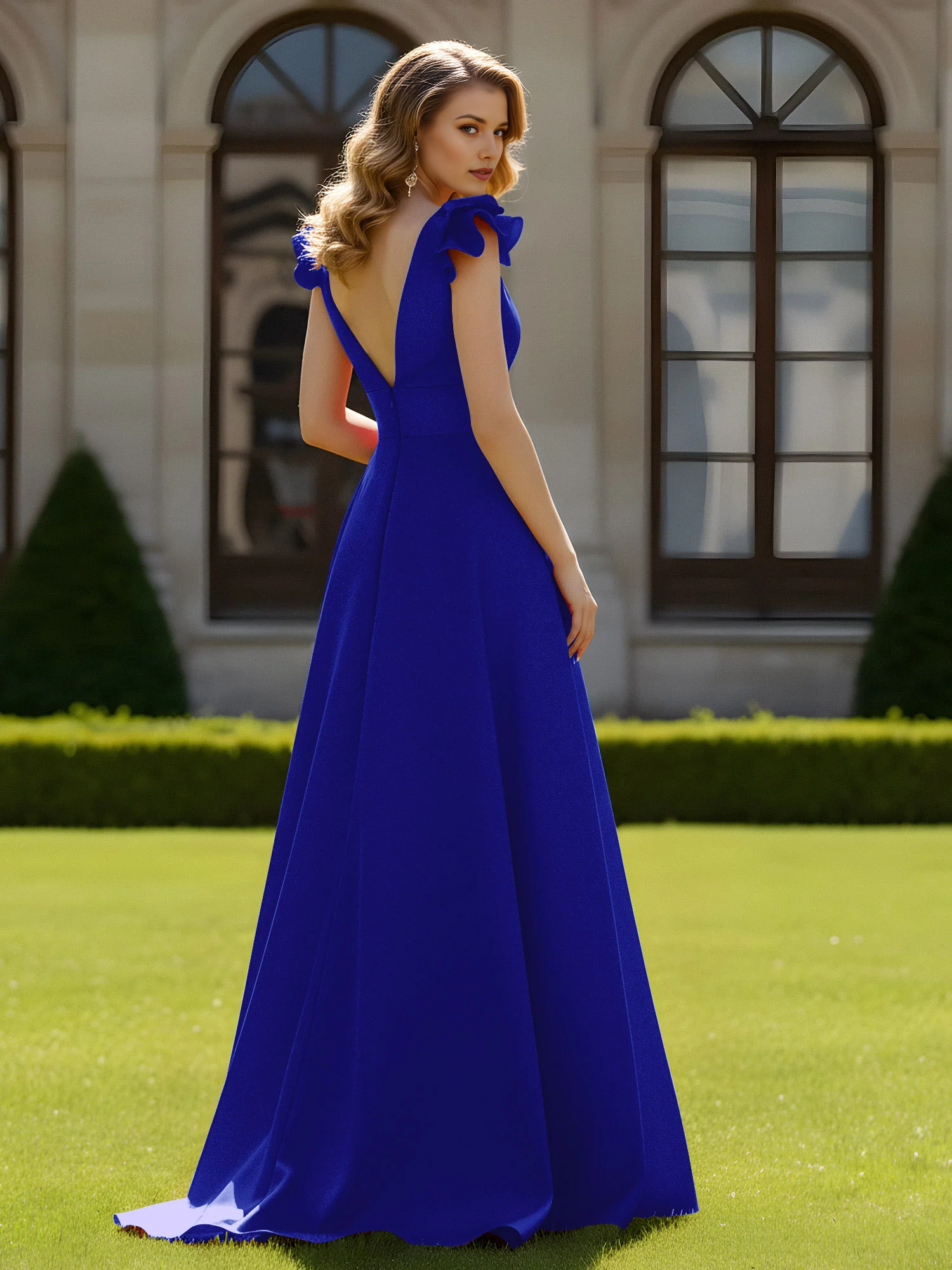 Deep V-Neck Ruffle Shoulder A-Line Floor-Length Formal Evening Gown
