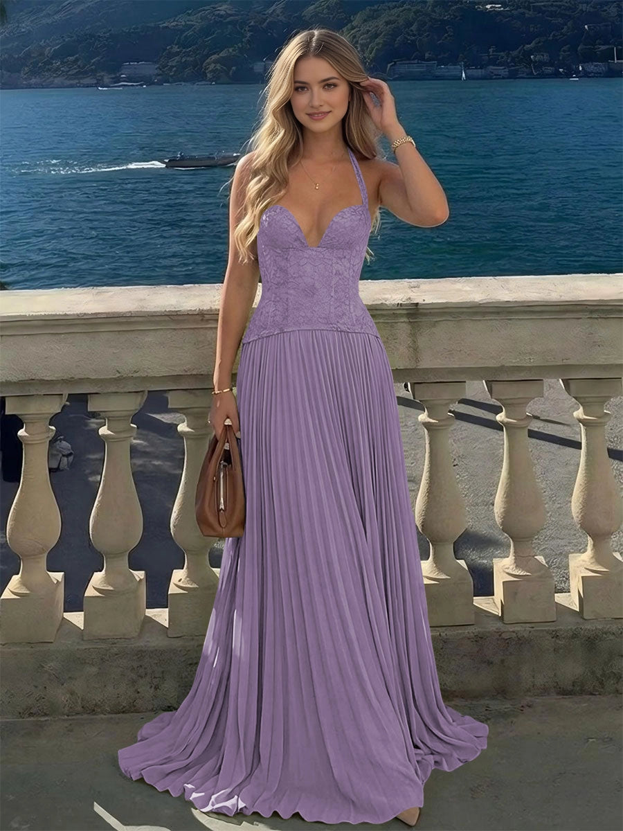 Bohemian A‑Line Halter Lace Criss‑Cross‑Back Floor‑Length Bridesmaid Dress