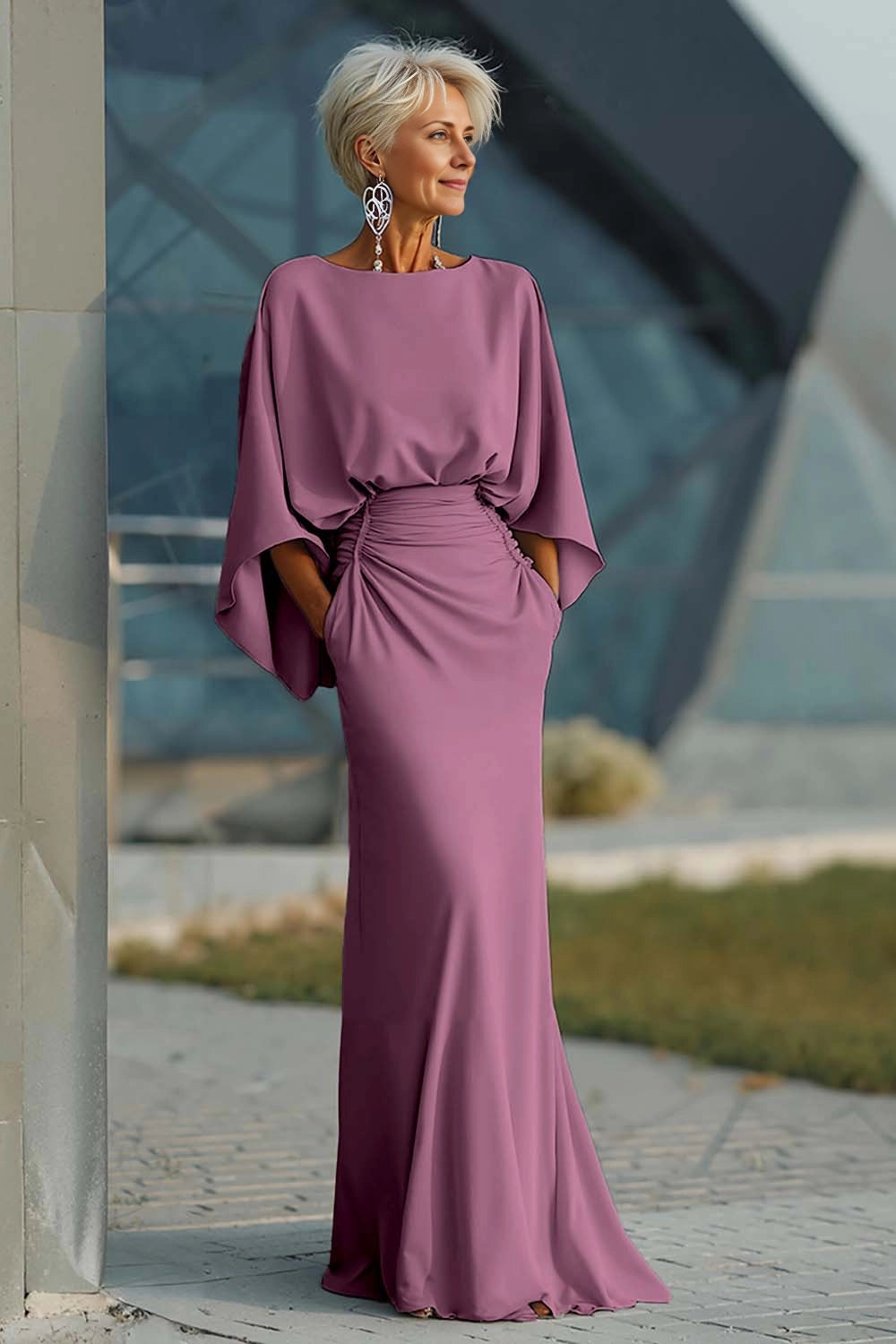 Satin Mermaid Boat Neck Dolman Deep V Back Maxi Wedding Guest Dress