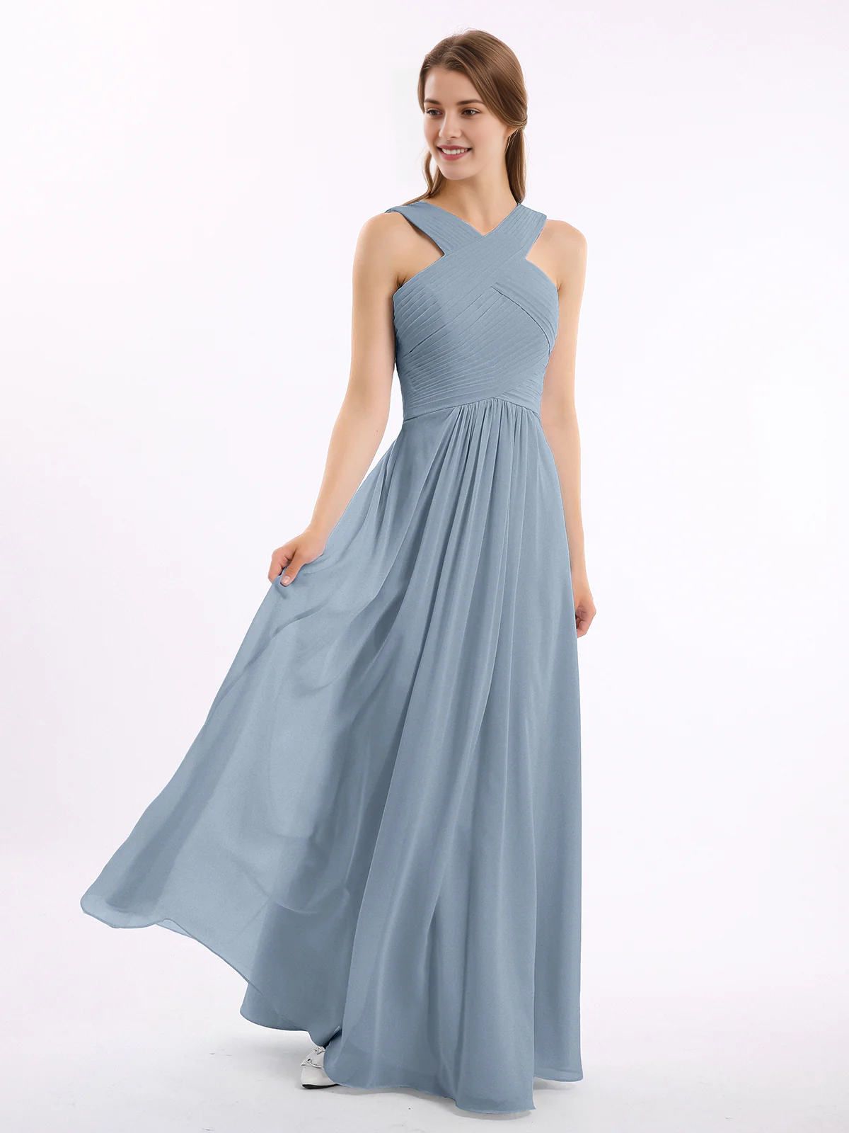 Crisscross Neck Pleated Bodice Flowy Chiffon A-Line Floor-Length Bridesmaid Evening Maxi Dress