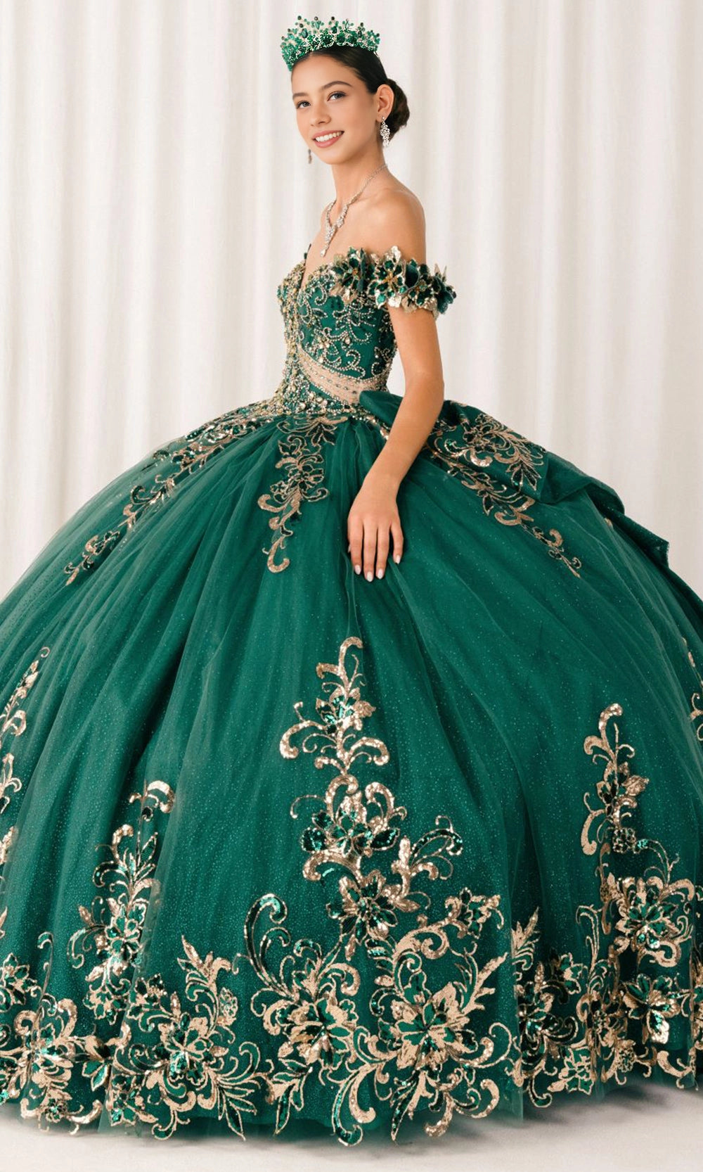 Glam Ball Gown Off‑Shoulder Floral Sleeve Lace‑Up Back Sweep Train Quinceanera Dress