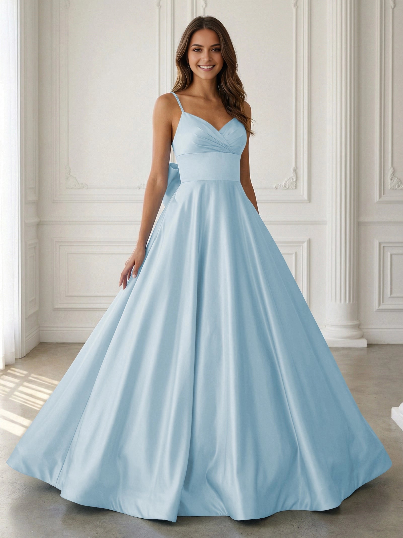 Elegant A‑Line V‑Neck Beaded‑Strap Sleeveless Bow‑Back Floor‑Length Prom Dress