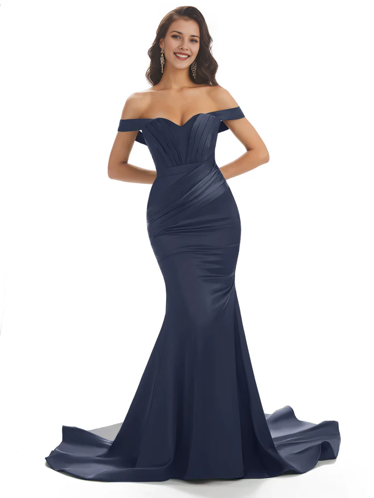 Vestido de noche largo de satén con escote corazón, fruncido, tipo sirena, con hombros descubiertos y cola