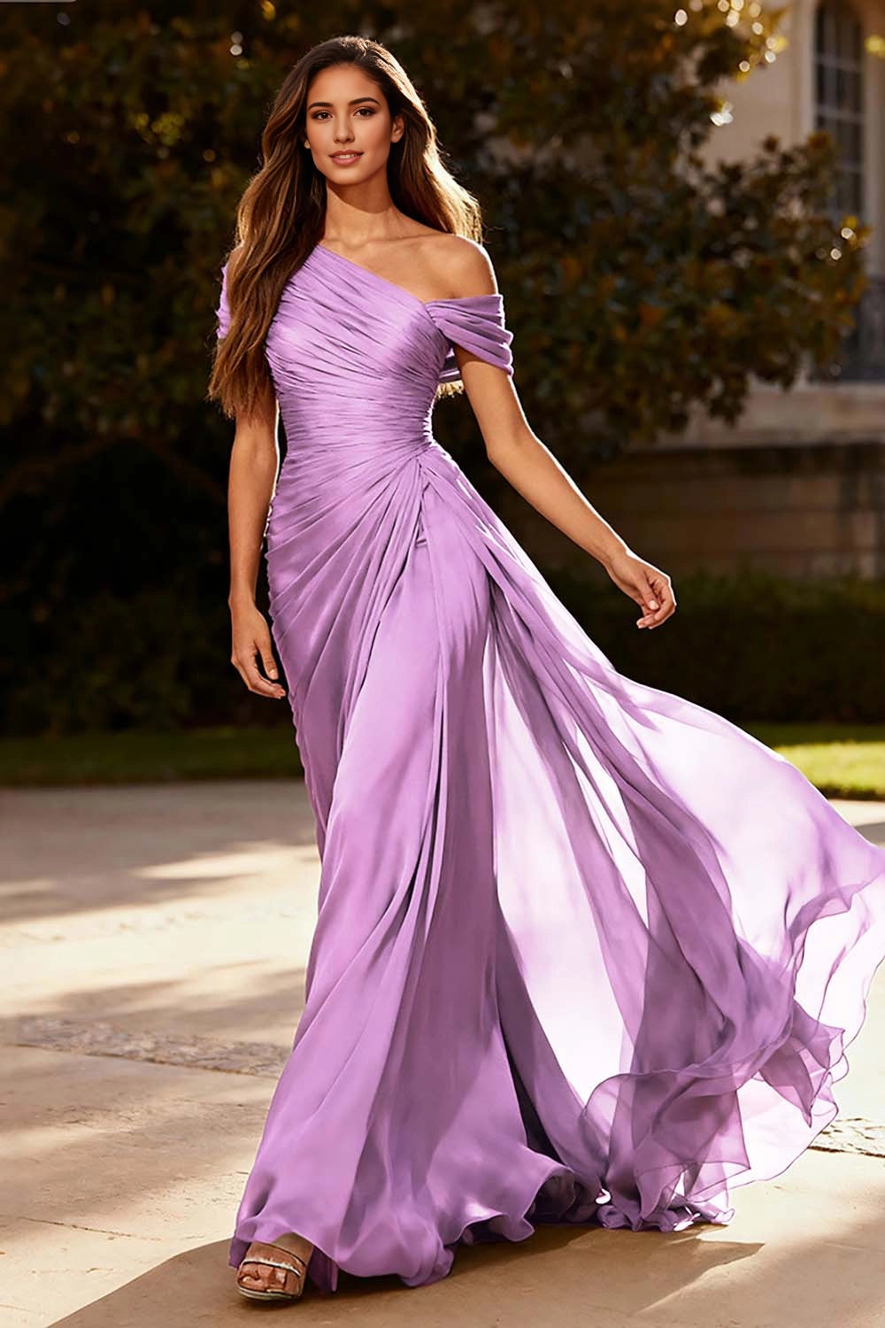 Flowy A-Line One Shoulder Off Shoulder Ruched Back Zip Maxi Wedding Guest Dress