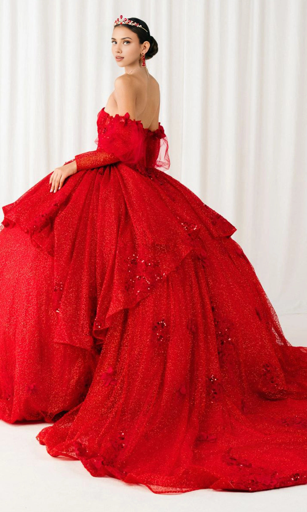 Dusty Pink Ball Gown Strapless Off‑Shoulder Puff Long Sleeves 3D Floral Big Bow Long Train Quinceanera Dress