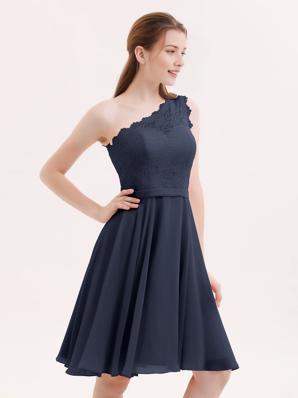 One Shoulder Lace Top A-Line Knee-Length Chiffon Bridesmaid Homecoming Short Dress