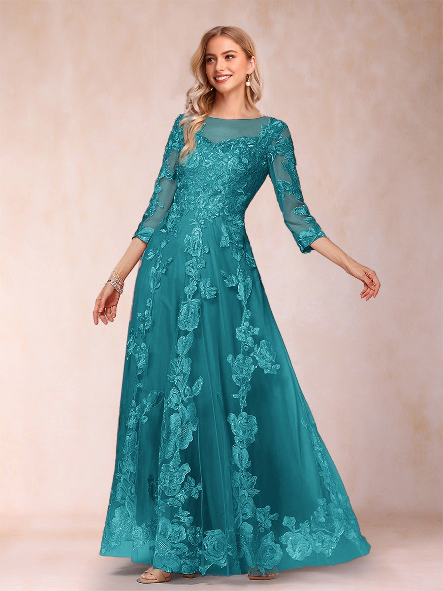 Romantic A‑Line Illusion Round‑Neck 3/4‑Sleeve Keyhole‑Zip‑Back Floor‑Length Mother Of The Bride Dress