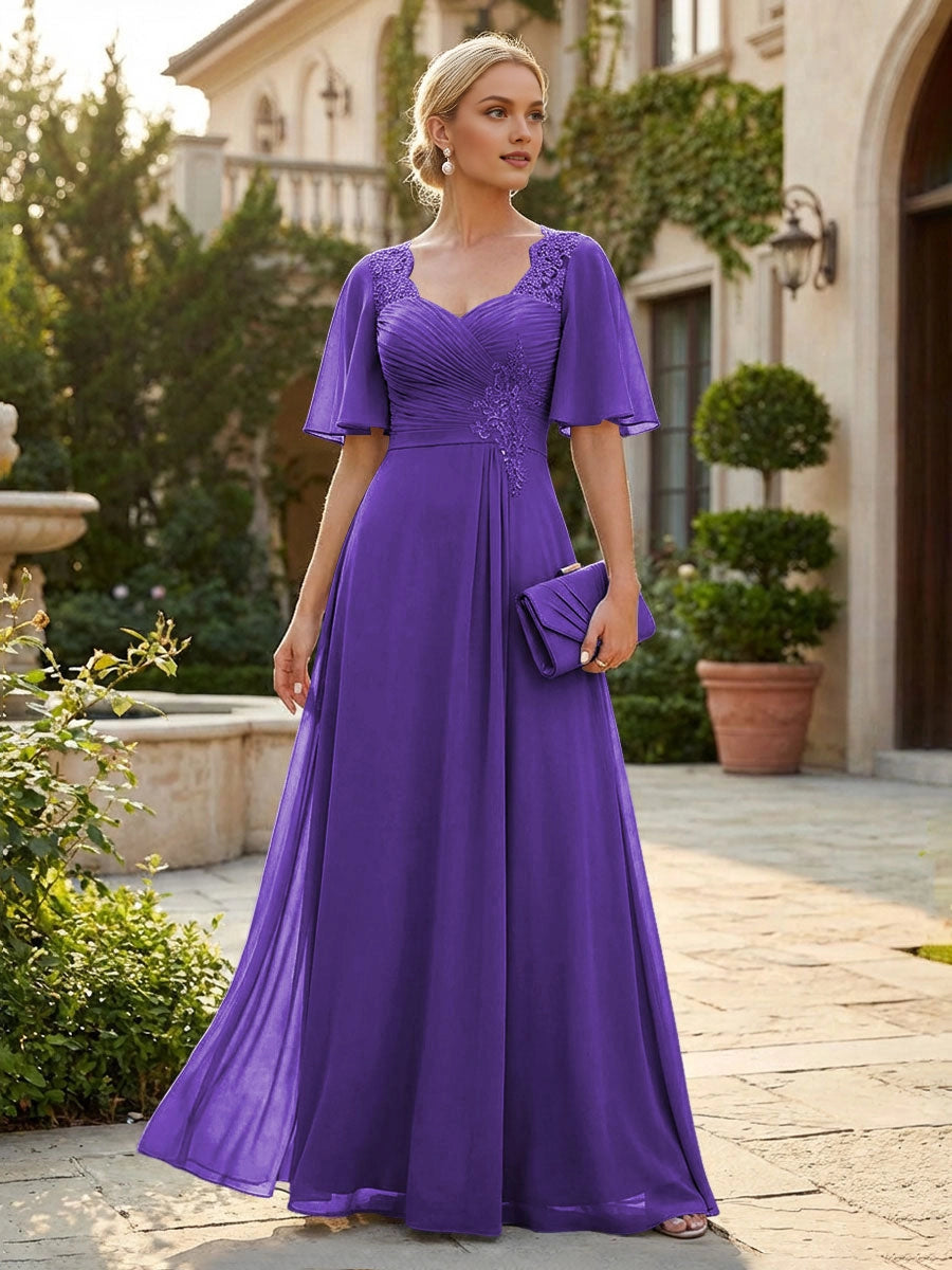 Graceful Dusty Blue A-Line Sweetheart Flutter-Sleeve Sweetheart-Back Floor-Length Mother Of The Bride Dress