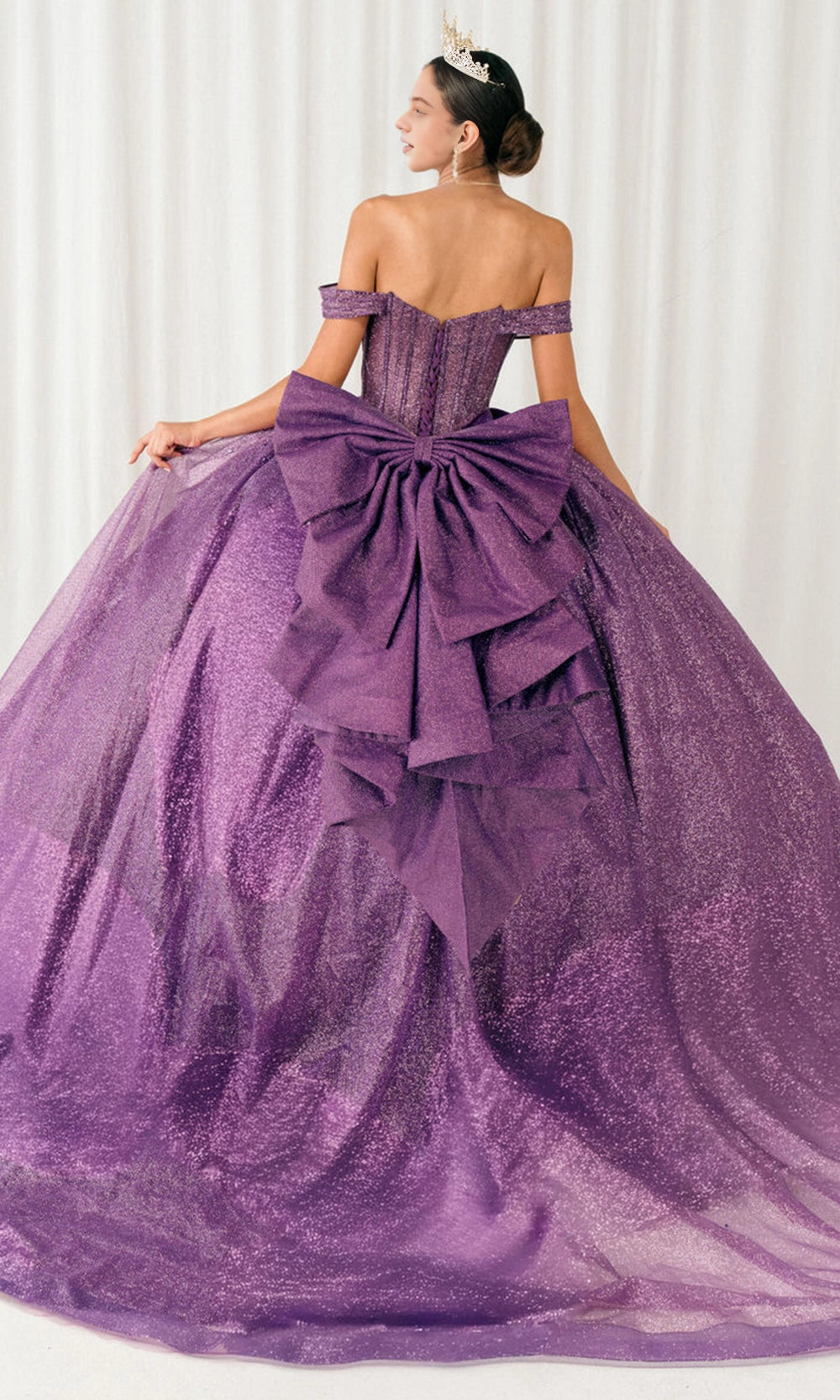 Vedress purple quinceanera dress lace‑up corset back huge layered bow cathedral‑train glitter ballgown back view