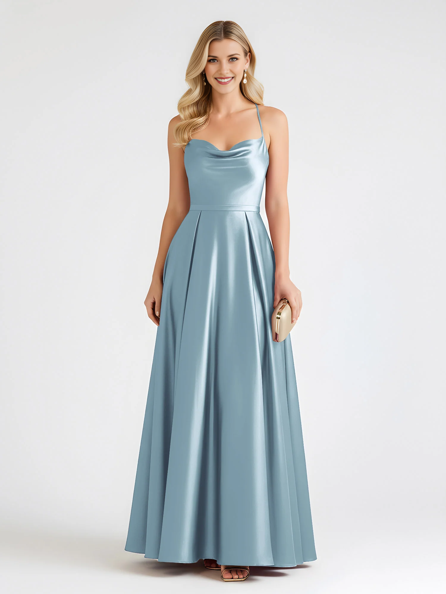 Spaghetti Strap Cowl Neck Satin A-Line Floor-Length Bridesmaid Dress with Crisscross Back