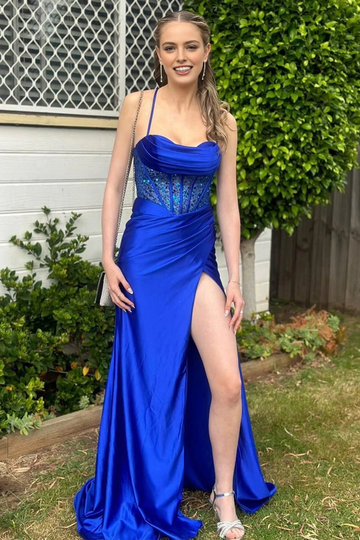 Glamorous Mermaid Cowl Spaghetti‑Strap Lace‑Up‑Back Long Prom Dress