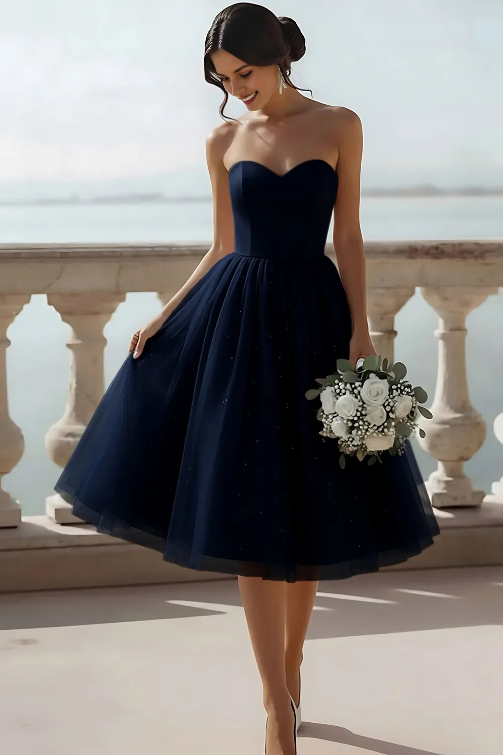 Strapless Sweetheart Corset Tulle Midi Dress with Sparkle Details