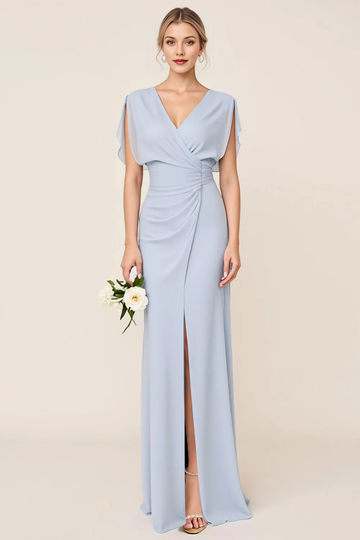 V-Neck Draped Sleeve Chiffon Bridesmaid Dress with Ruched Waist & Slit