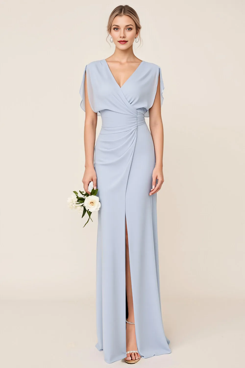 V-Neck Draped Sleeve Chiffon Bridesmaid Dress with Ruched Waist & Slit