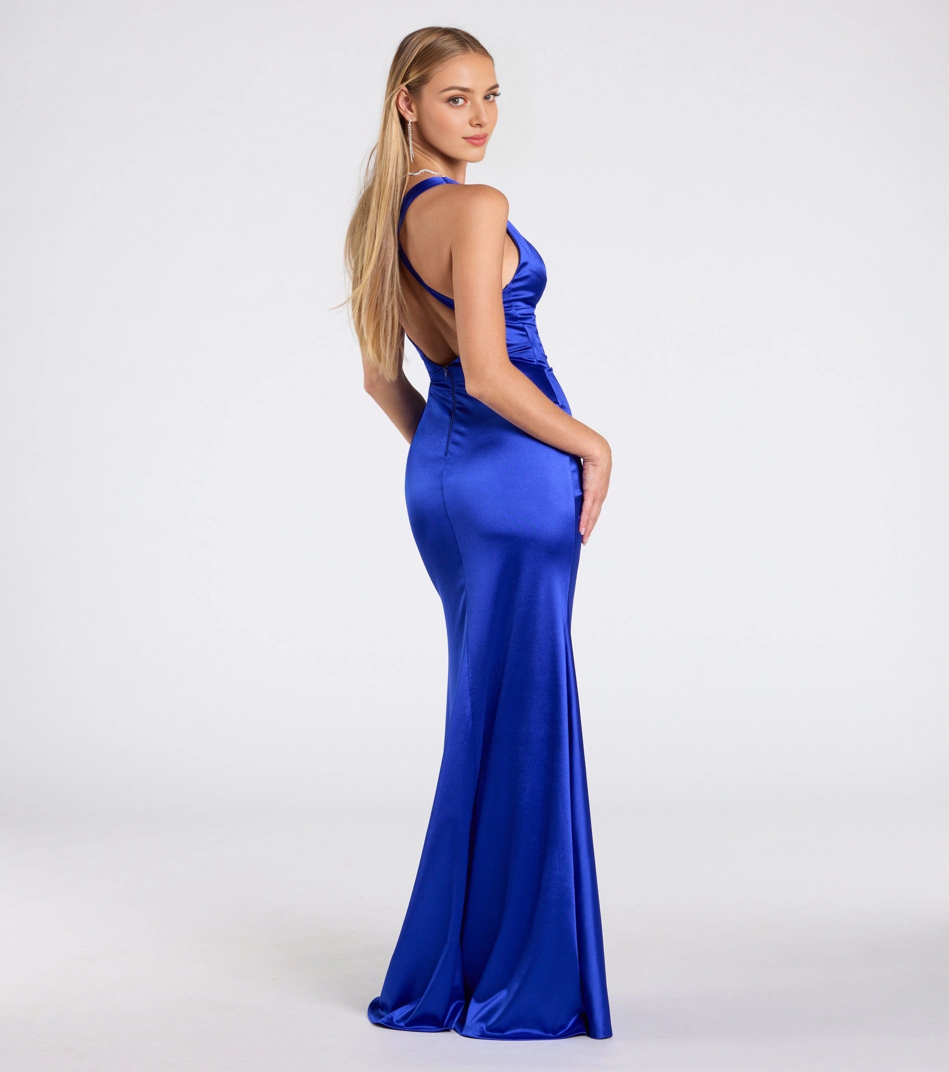 White Mermaid Deep V Halter Closed Back Long Prom Dress