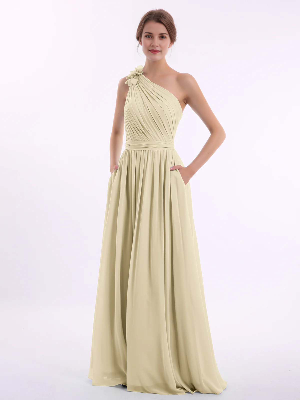 One Shoulder 3D Flower Ruched Chiffon Bridesmaid Maxi Dress with Pockets & Open Back Sash