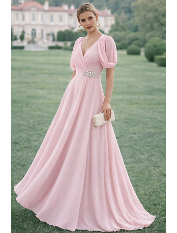 V-Neck Puff Sleeve Chiffon A-Line Floor-Length Formal Gown with Rhinestone Waist Accent